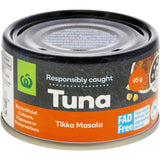 Canned Woolworths Tuna Tikka Masala Curry, featuring premium tuna in a rich, mildly spicy tikka masala sauce for quick meals.