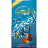 Lindt Lindor Salted Caramel chocolates in a sharepack, featuring creamy milk chocolate and a rich, smooth caramel filling.