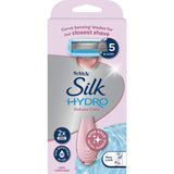 Schick Hydro Silk Razor Deluxe features a rose gold handle, five blades, and hydra-boost serum for a smooth, close shave.