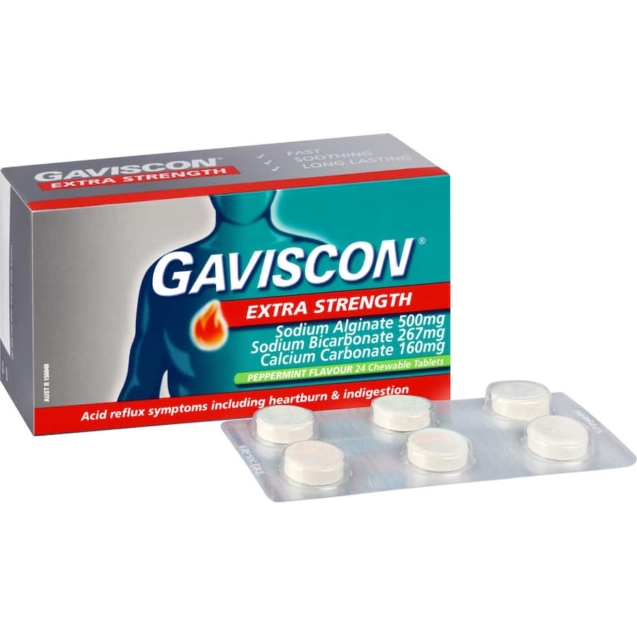 Gaviscon Extra Strength Peppermint Tablets provide fast, chewable relief from heartburn and indigestion with a soothing barrier.
