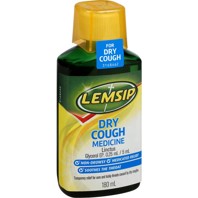 Lemsip Liquid Medicine for Dry Cough, a non-drowsy soothing solution for cold and flu throat discomfort.