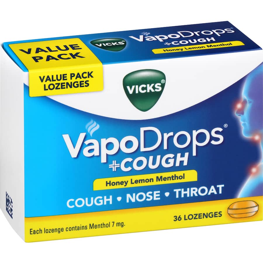 Vicks Vapodrops Honey Lemon Menthol Lozenges for soothing sore throats and cough relief with a delightful taste.