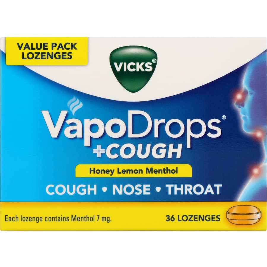 Vicks Vapodrops Honey Lemon Menthol Lozenges for soothing cough relief with a delicious, refreshing taste.