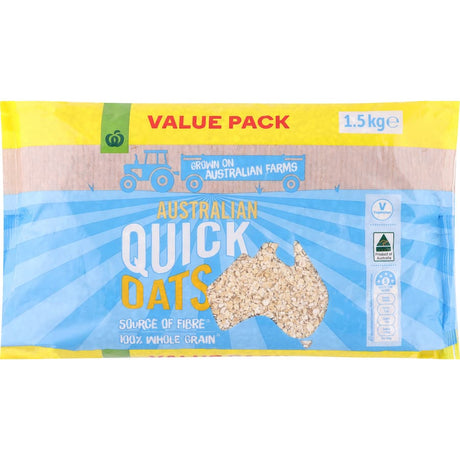 Woolworths Quick Oats: 100% whole grain, high-fiber oats for nutritious, customizable breakfasts in minutes.