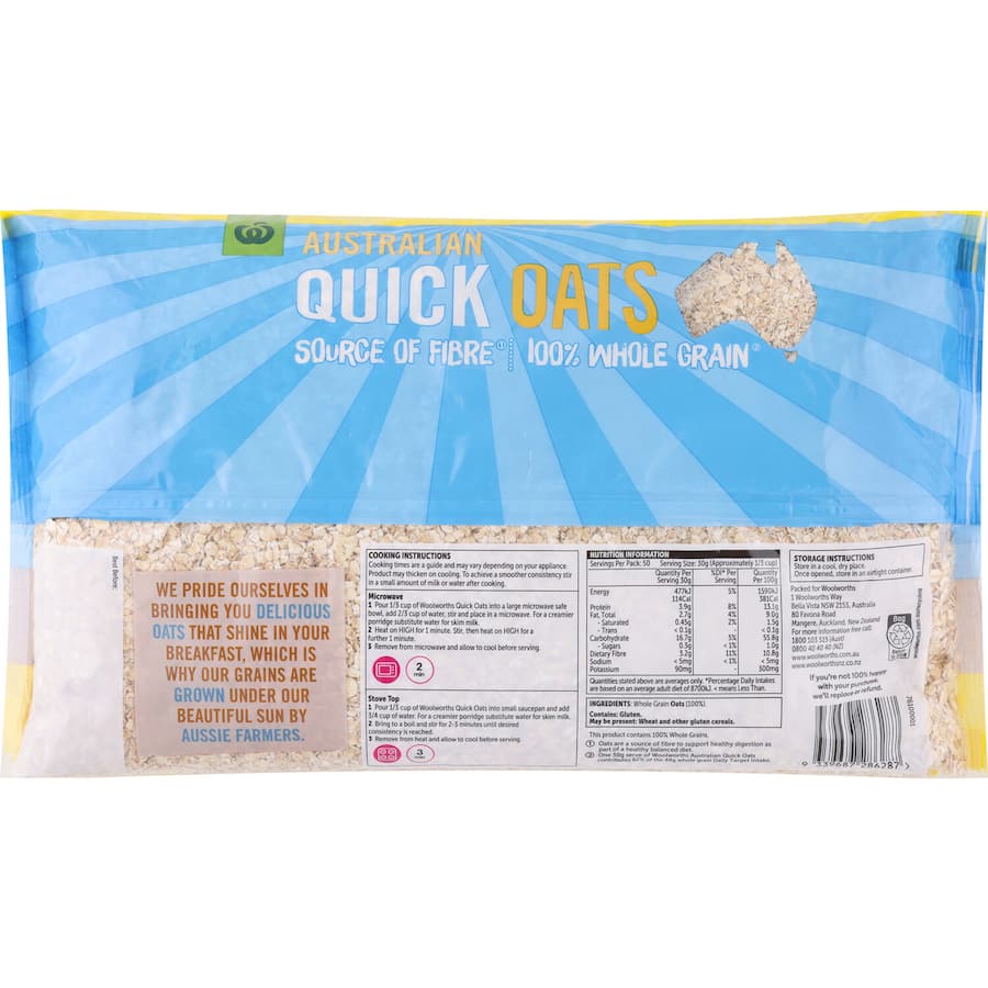 Woolworths Quick Oats: 100% whole grain, nutritious, quick to prepare, perfect for breakfast and snacks, free from additives.