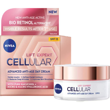 Nivea Cellular Lift Expert Day Cream SPF 15 enhances skin firmness, reduces wrinkles, and offers UV protection for youthful vitality.