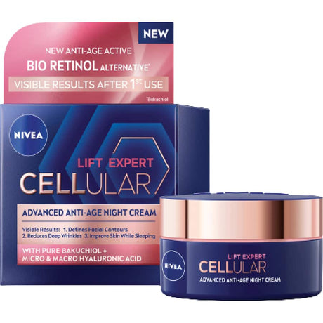 Nivea Cellular Lift Expert Night Cream, featuring Bakuchiol and Hyaluronic Acid for youthful, rejuvenated skin overnight.