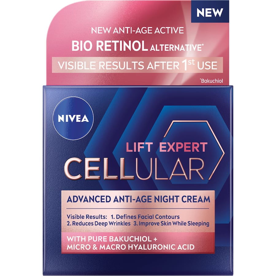 Nivea Cellular Lift Expert Night Cream with Bakuchiol and Hyaluronic Acid rejuvenates skin, reducing wrinkles overnight.