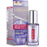 L'Oréal Revitalift Filler Eye Serum with hyaluronic acid and caffeine, featuring a triple roller applicator for targeted eye care.