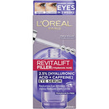 L'Oréal Revitalift Filler Eye Serum with Hyaluronic Acid and Caffeine hydrates and smooths fine lines for brighter eyes.