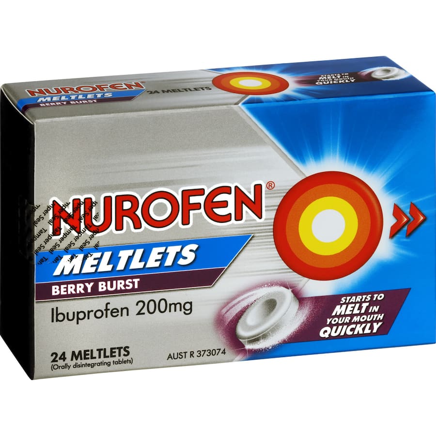 Nurofen Meltlets: quick-dissolving ibuprofen in berry burst flavor for fast pain relief without water.