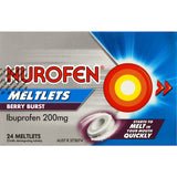 Nurofen Meltlets Ibuprofen 200mg in Berry Burst flavor for on-the-go pain relief, dissolves quickly without water.