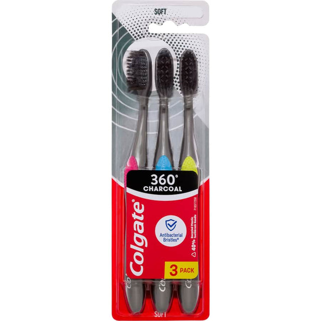 Colgate 360 Charcoal Soft Toothbrush Value Pack of 3, features soft bristles for effective whole mouth cleaning and sustainability.