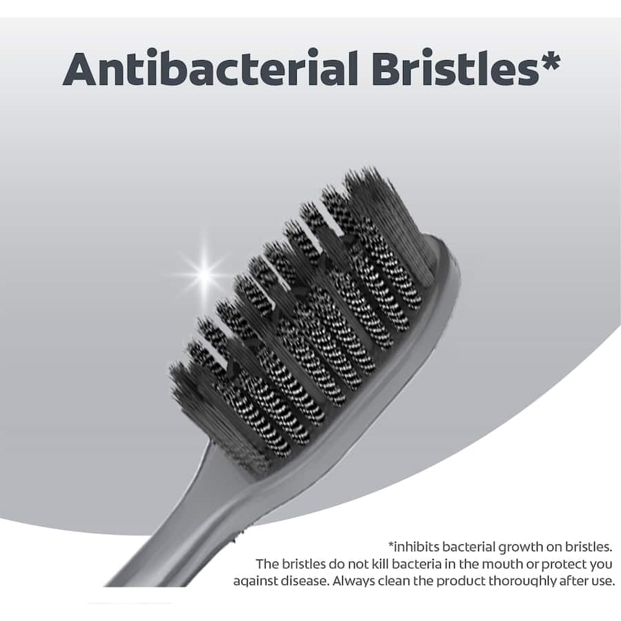 Soft charcoal-infused toothbrush pack for whole mouth cleaning, featuring antibacterial bristles and eco-friendly design.