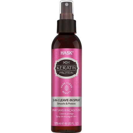 Hask 5-in-1 Leave-in Spray: keratin treatment for frizz control, heat protection, and enhanced shine on all hair types.