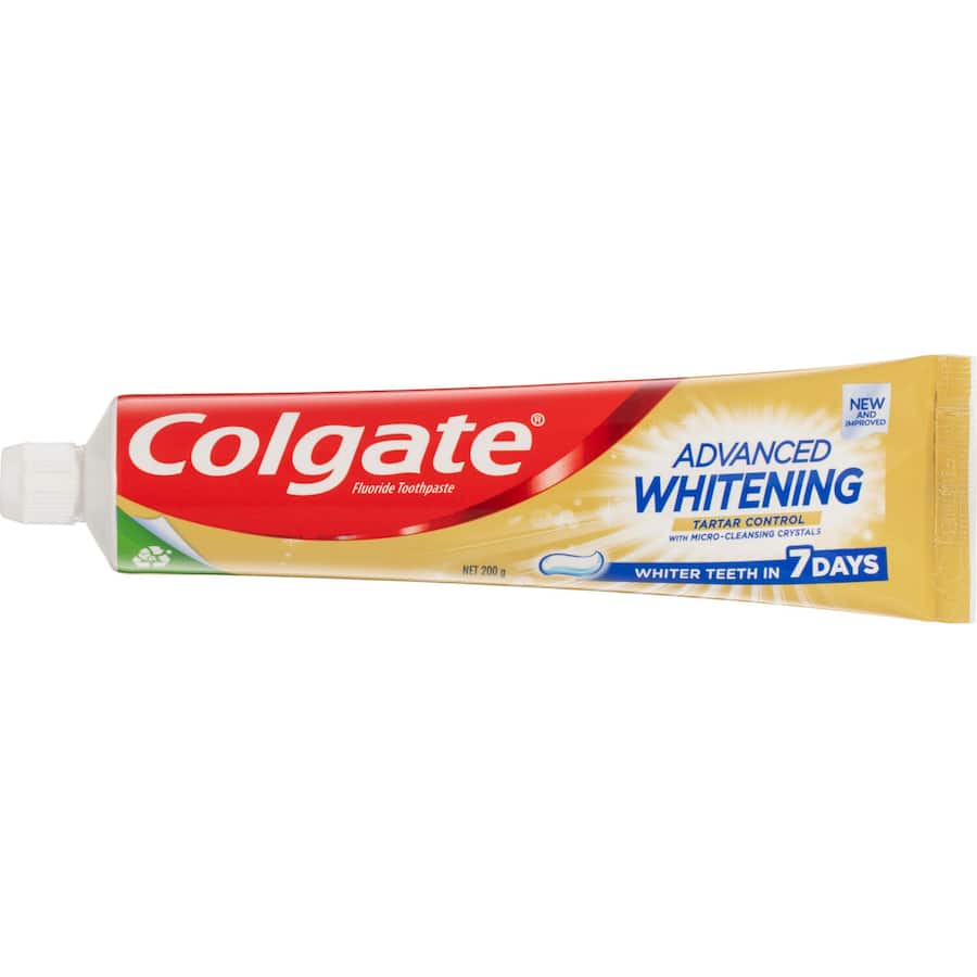 Colgate Advanced Whitening Toothpaste value pack for brightening and tartar control, featuring micro-cleansing crystals for stain removal.