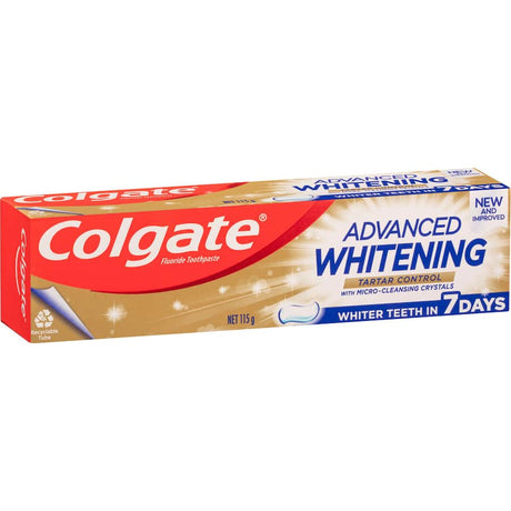 Colgate Advanced Whitening Toothpaste features Micro-Cleansing Crystals for whiter teeth in 7 days while controlling tartar and plaque.