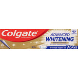 Colgate Advanced Whitening Toothpaste with Tartar Control for stain removal, fresh breath, and cavity protection.