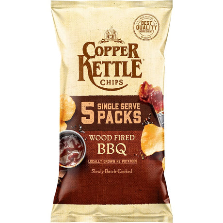 Copper Kettle Wood Fired BBQ chips multipack featuring 5 single-serve bags, made from NZ-grown potatoes, no artificial additives.