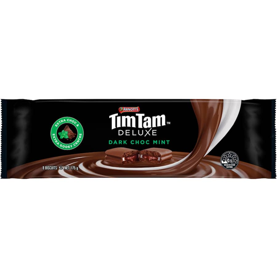 Dark chocolate mint Tim Tam biscuits with creamy filling, perfect for indulgent snacking and sharing.