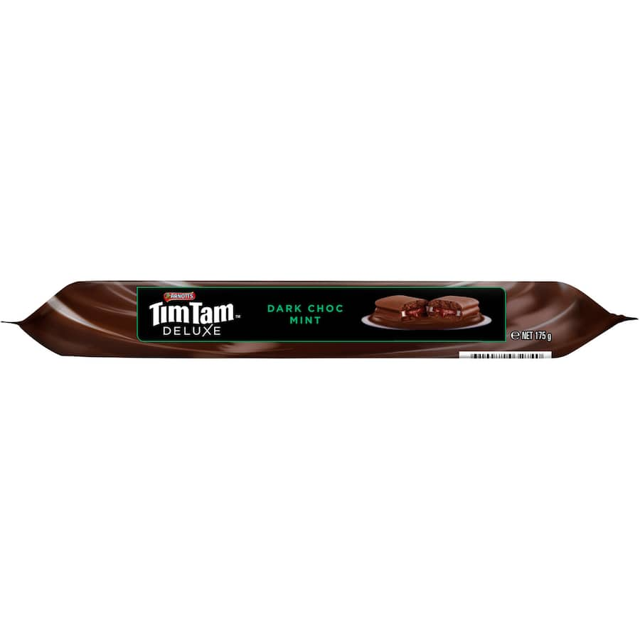 Arnotts Tim Tam Deluxe Dark Choc Mint biscuits featuring rich chocolate and refreshing mint flavors, perfect for indulgent snacking.