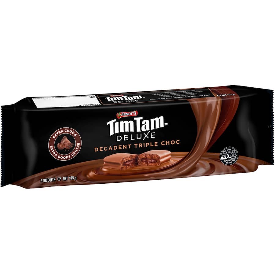 Arnotts Tim Tam Deluxe Triple Choc biscuits, featuring rich chocolate layers for a sumptuous indulgent treat.