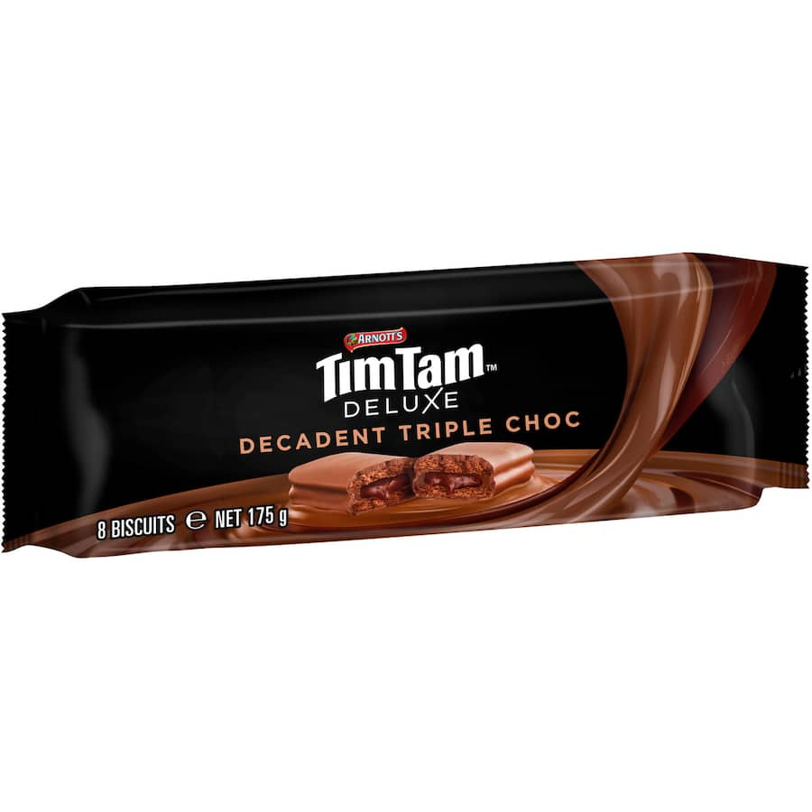 Decadent Arnotts Tim Tam Deluxe Triple Choc biscuits with rich chocolate layers, perfect for indulgent snacking.