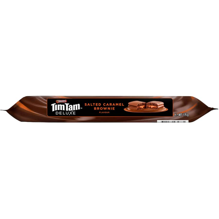 Luxury Arnotts Tim Tam Deluxe biscuits featuring salted caramel brownie in velvety milk chocolate, perfect for indulgent treats.