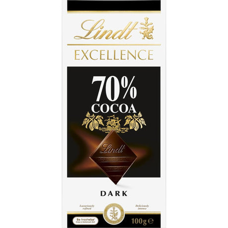 Rich and smooth Lindt Excellence Dark Chocolate 70%, showcasing deep cocoa flavors with hints of dried fruit and vanilla.