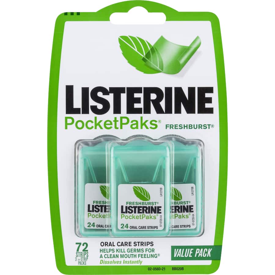 Listerine Freshburst Pocket Packs with 72 sugar-free strips for instant breath freshness and germ-killing power on-the-go.