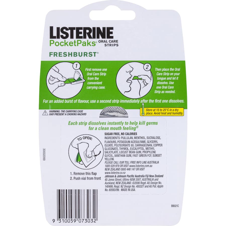 Listerine Freshburst Pocket Packs with 72 sugar-free strips for instant breath freshening and germ-killing action on-the-go.