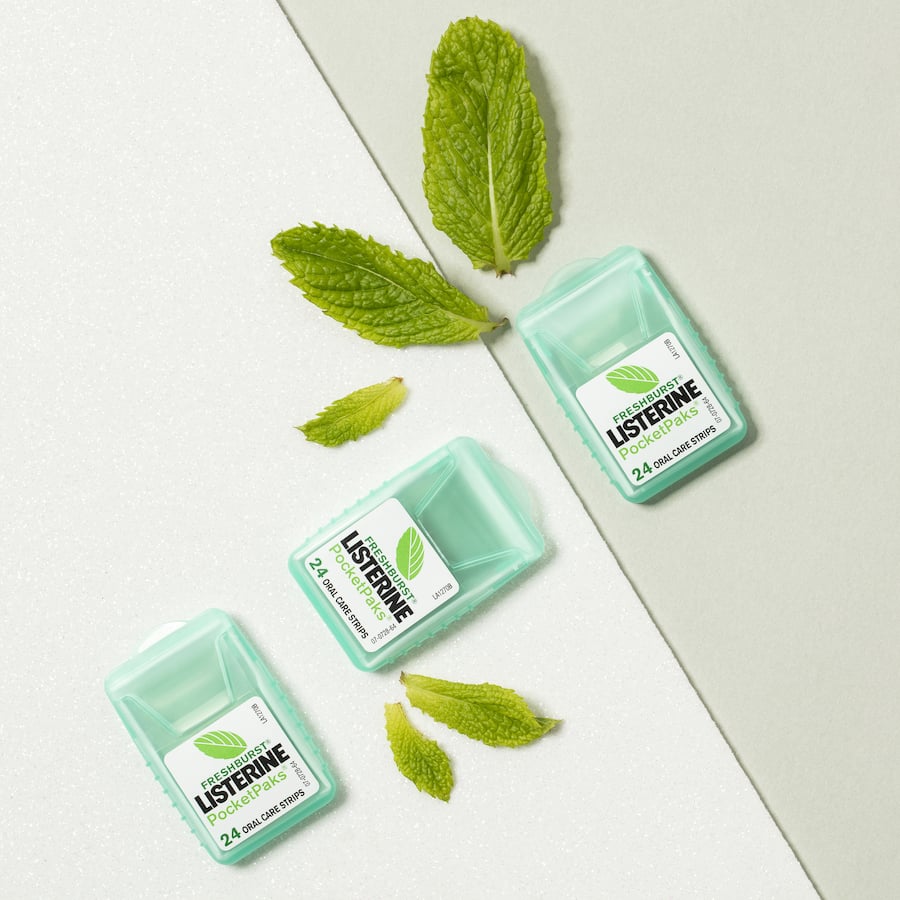 Listerine Freshburst Pocket Packs with 72 sugar-free strips for on-the-go breath freshening and instant germ-killing action.