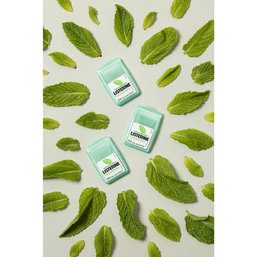 Listerine Freshburst Pocket Packs with 72 sugar-free strips for instant breath freshness on-the-go, kills 99.9% of germs.