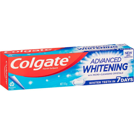 Colgate Advanced Whitening Toothpaste with Micro-Cleansing Crystals for a brighter smile and plaque removal in 7 days.