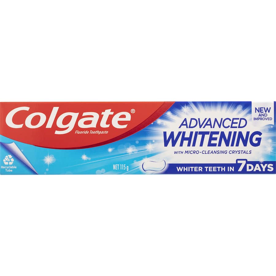 Colgate Advanced Whitening Toothpaste with micro-cleansing crystals for brighter teeth, plaque removal, and enamel protection.