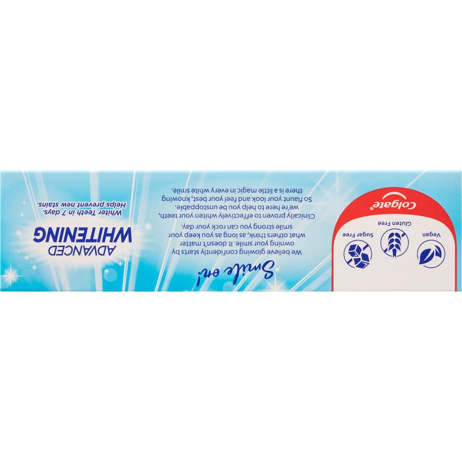 Colgate Advanced Whitening Toothpaste with micro-cleansing crystals for brightening teeth and fighting plaque.