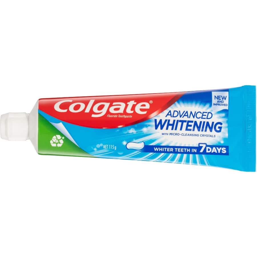 Colgate Advanced Whitening Toothpaste features micro-cleansing crystals for effective stain removal and brightening.