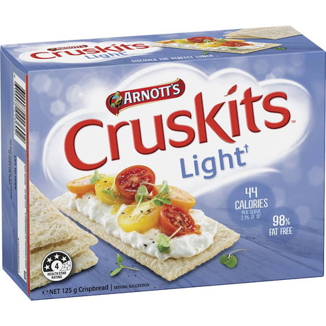 Arnotts Cruskits Light Crispbread, low-fat, 98% fat-free, perfect for healthy snacking with a satisfying crisp texture.