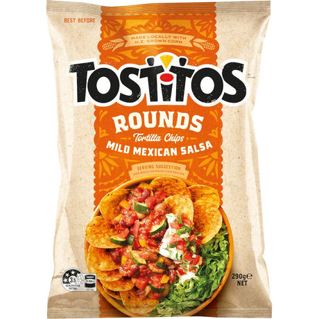 Tostitos Rounds Corn Chips with Mild Mexican Salsa, perfect for dipping and enhancing snacks at any gathering.