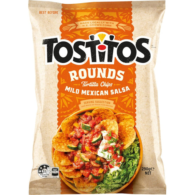 Tostitos Rounds Corn Chips with Mild Mexican Salsa, perfect for dipping and enhancing snacks at any gathering.