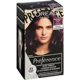 L'Oreal Preference Hair Colour in Magnetic Plum 3.161, offering vibrant color, 100% gray coverage, and nourishing shine.