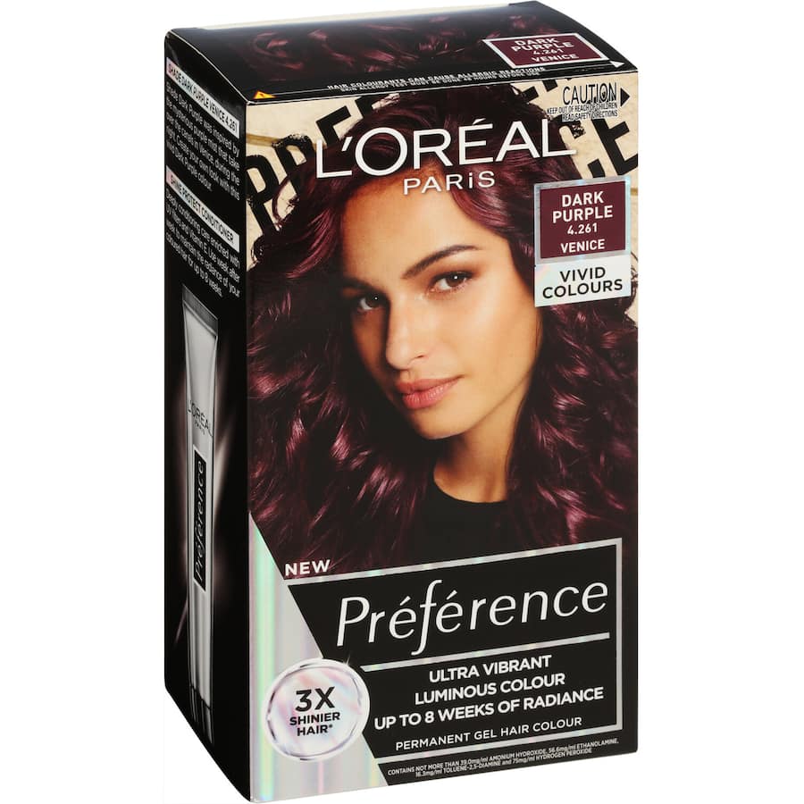 L'Oreal Preference Dark Purple hair color kit, inspired by Venice's evening mist, offers ultra-vibrant, easy-to-apply color.