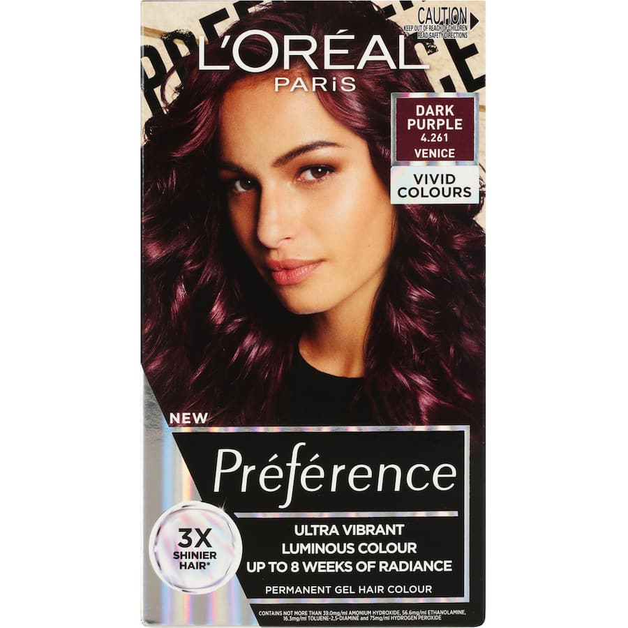 L'Oreal Preference Dark Purple Hair Colour 4.261, a vibrant gel formula for bold, long-lasting color inspired by Venice at night.