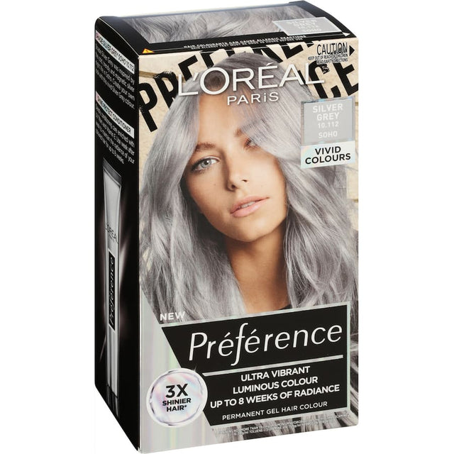 L'Oreal Preference Silver Grey hair color features a vibrant Soho-inspired shade for bold, long-lasting results in a gel formula.