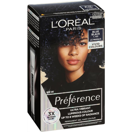 L'Oreal Preference Blue Black Hair Colour 1.102, vibrant urban chic shade, gel formula for easy, even application.