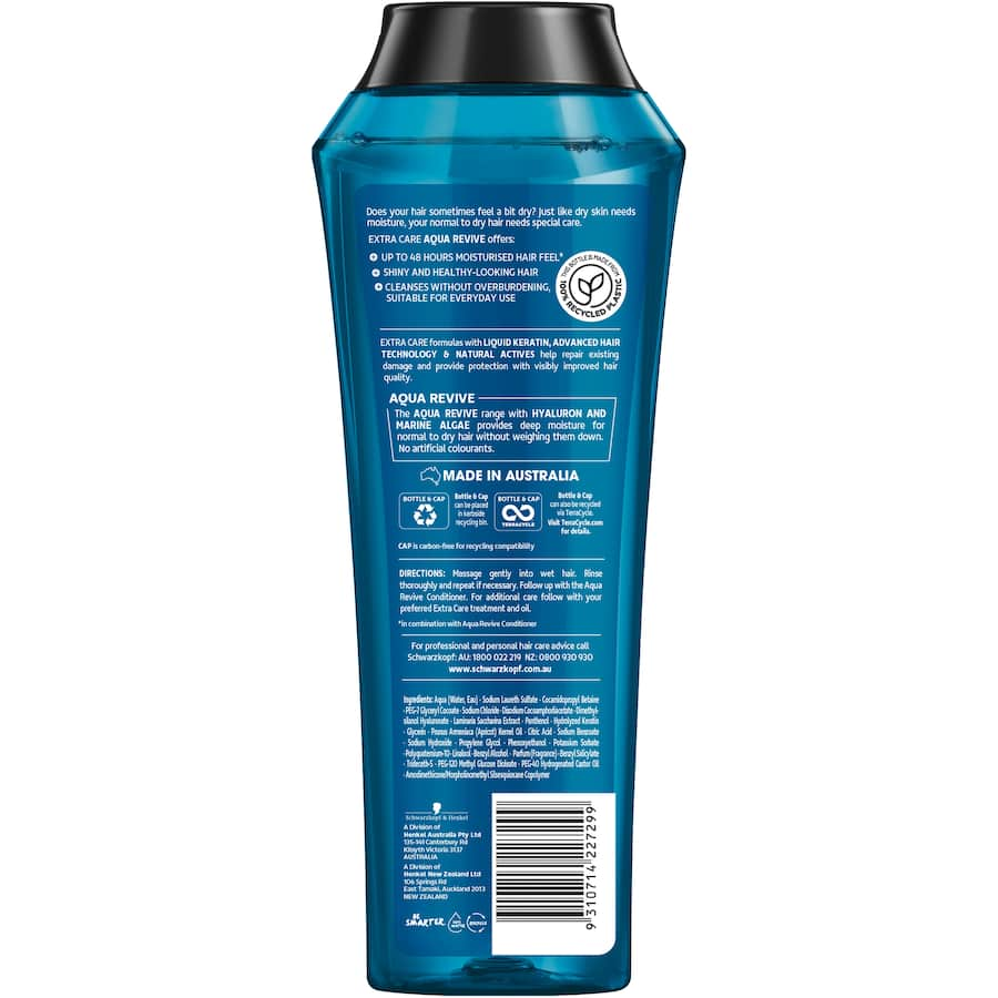 Schwarzkopf Extra Care Shampoo Aqua Revive for hydrating and revitalizing tired, dehydrated hair, enhancing natural shine and bounce.