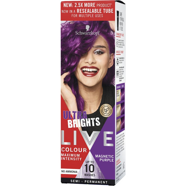 Vibrant Magnetic Purple semi-permanent hair dye for bold transformations and shiny, nourished hair.