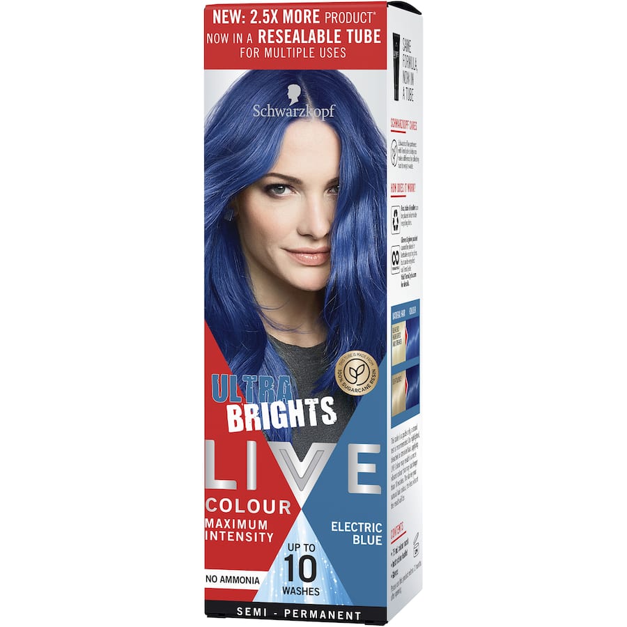 Vibrant Electric Blue hair dye offers bold color, even coverage, and lasts up to 10 washes; vegan and cruelty-free formula.