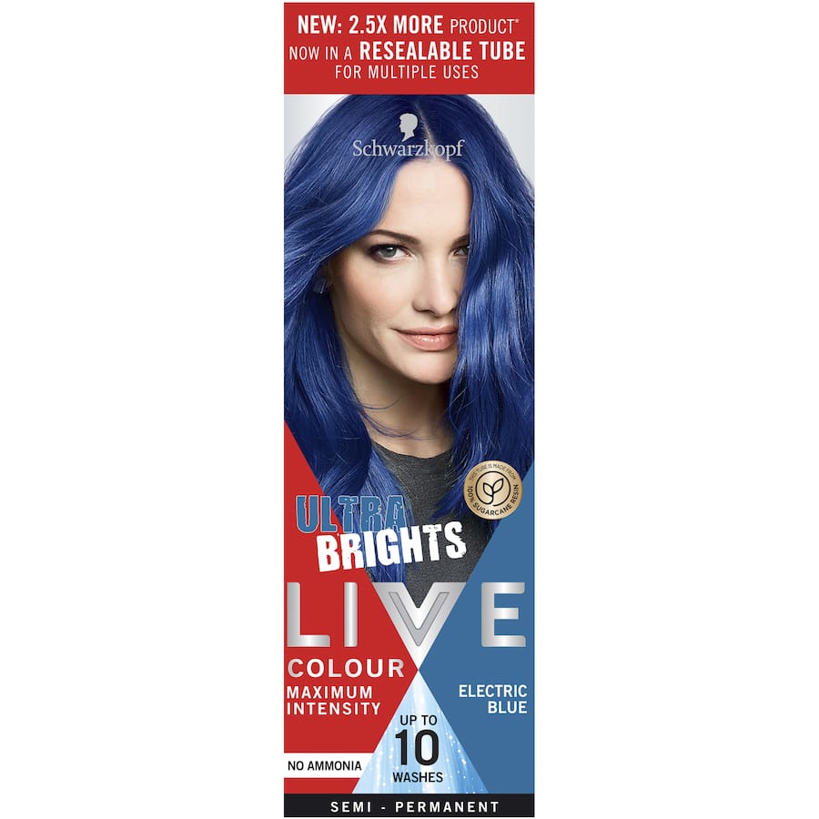 Vibrant Electric Blue hair dye providing bold, long-lasting color; easy application for salon-quality results at home.