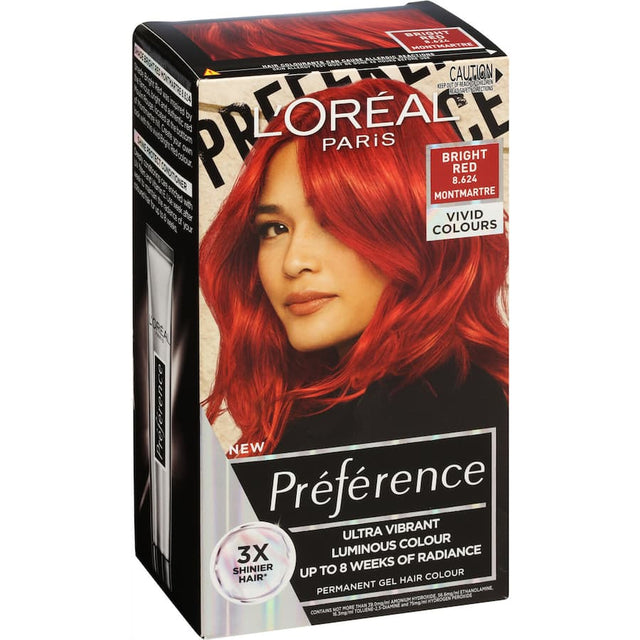 Bright Red L'Oreal Preference Hair Colour 8.624 Montmartre, offering vibrant, long-lasting color with nourishing conditioning treatment.